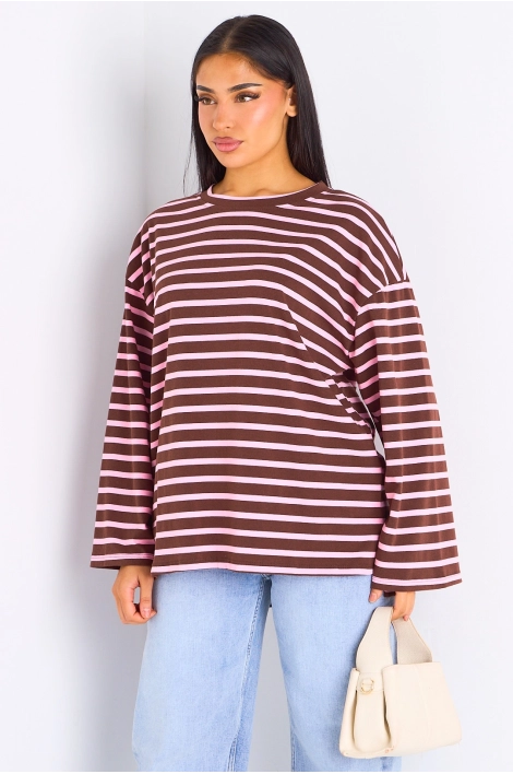 T-shirt manches longues à rayures marron et roses