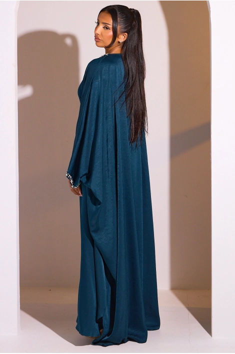 Abaya bleu canard à col v perlé