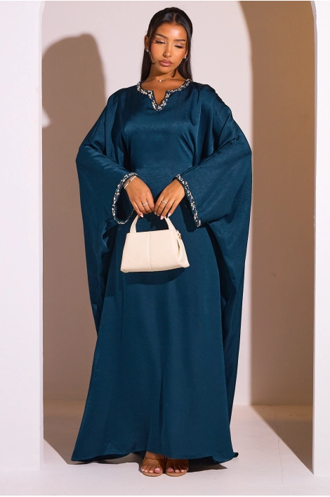 Abaya bleu canard à col v perlé