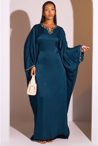 Abaya bleu canard à col v perlé