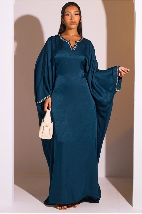 Abaya bleu canard à col v perlé