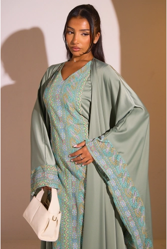 Ensemble 2 pièces : abaya + kimono kaki à motif géométrique