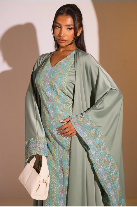 Ensemble 2 pièces : abaya + kimono kaki à motif géométrique