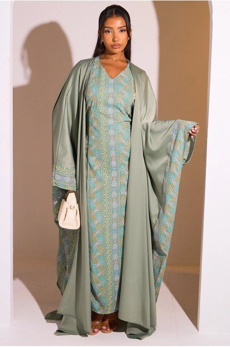 Ensemble 2 pièces : abaya + kimono kaki à motif géométrique