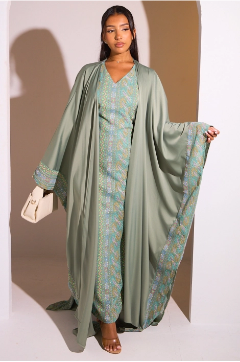 Ensemble 2 pièces : abaya + kimono kaki à motif géométrique