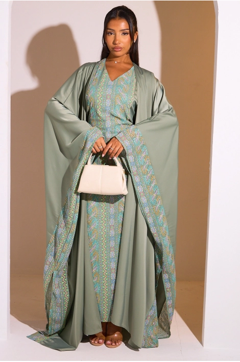 Ensemble 2 pièces : abaya + kimono kaki à motif géométrique