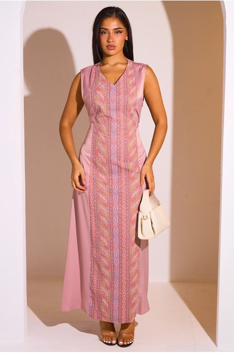 Ensemble 2 pièces : abaya + kimono rose à motif géométrique