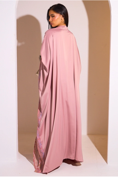 Ensemble 2 pièces : abaya + kimono rose à motif géométrique