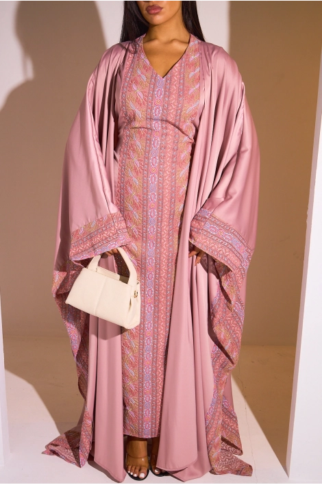 Ensemble 2 pièces : abaya + kimono rose à motif géométrique