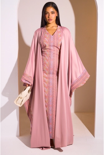 Ensemble 2 pièces : abaya + kimono rose à motif géométrique