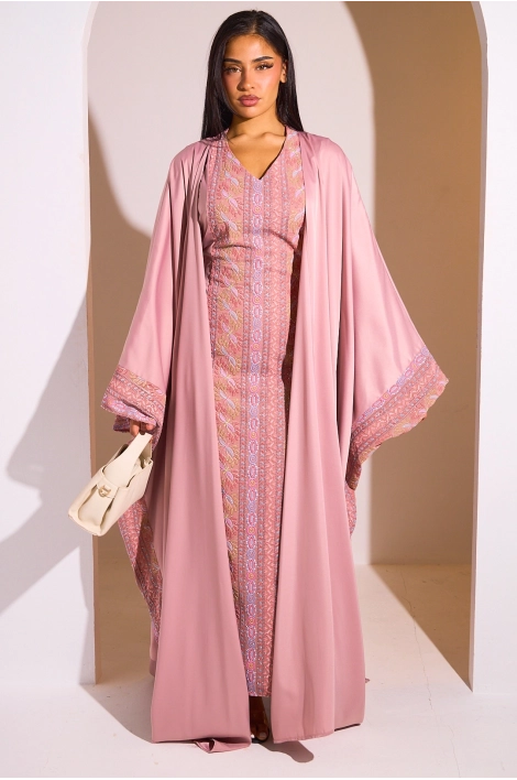 Ensemble 2 pièces : abaya + kimono rose à motif géométrique