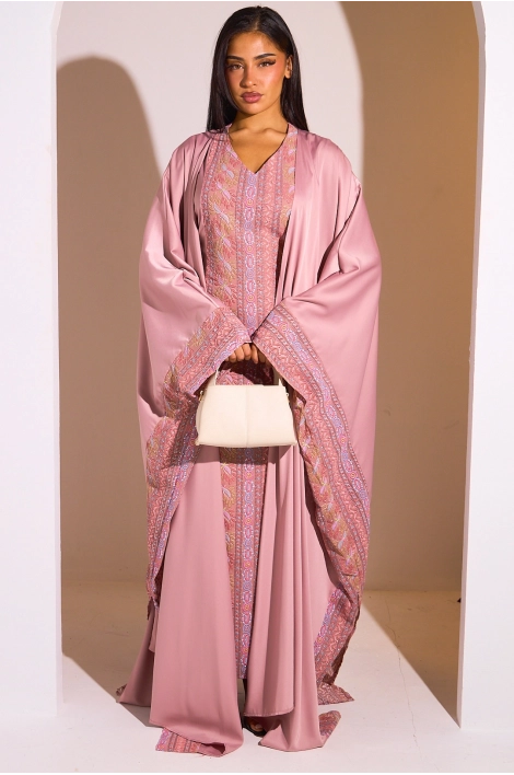 Ensemble 2 pièces : abaya + kimono rose à motif géométrique
