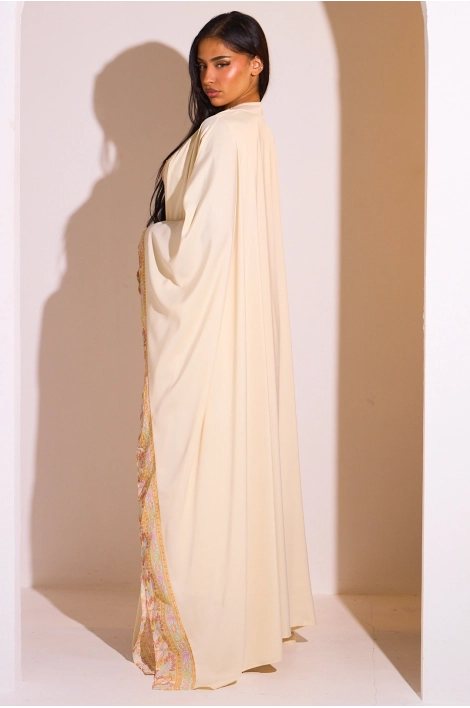 Ensemble 2 pièces : abaya + kimono écru à motif géométrique