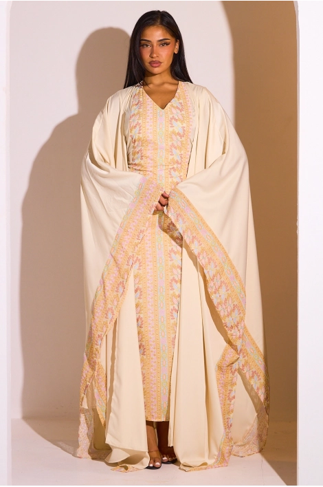 Ensemble 2 pièces : abaya + kimono écru à motif géométrique
