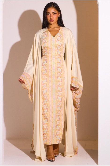 Ensemble 2 pièces : abaya + kimono écru à motif géométrique