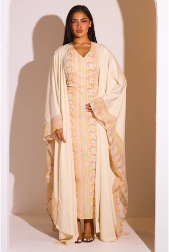 Ensemble 2 pièces : abaya + kimono écru à motif géométrique