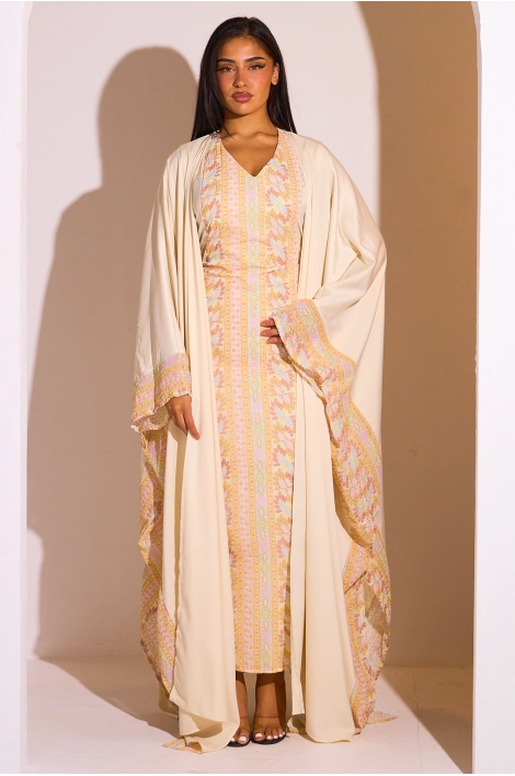 Ensemble 2 pièces : abaya + kimono écru à motif géométrique