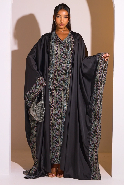 Ensemble 2 pièces : abaya + kimono noir à motif géométrique