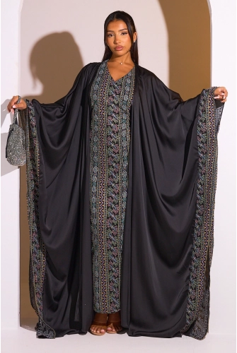 Ensemble 2 pièces : abaya + kimono noir à motif géométrique