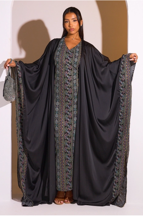 Ensemble 2 pièces : abaya + kimono noir à motif géométrique