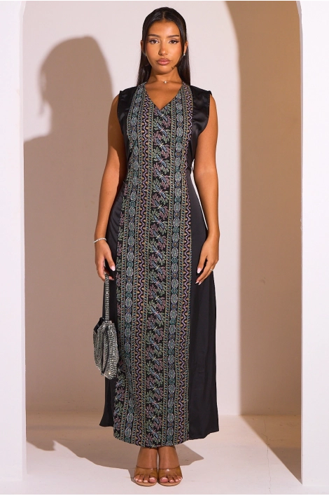 Ensemble 2 pièces : abaya + kimono noir à motif géométrique