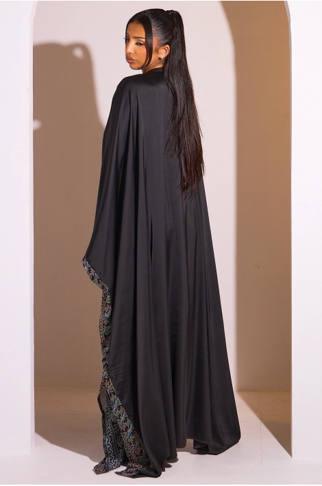 Ensemble 2 pièces : abaya + kimono noir à motif géométrique