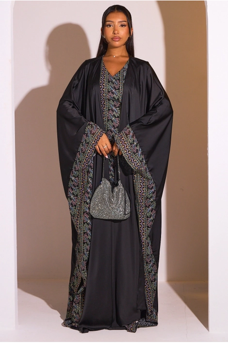 Ensemble 2 pièces : abaya + kimono noir à motif géométrique