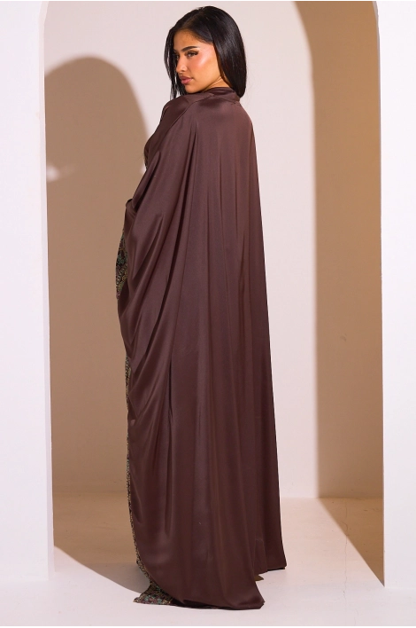 Ensemble 2 pièces : abaya + kimono marron à motif géométrique