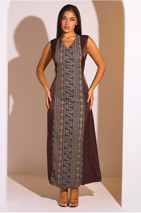 Ensemble 2 pièces : abaya + kimono marron à motif géométrique