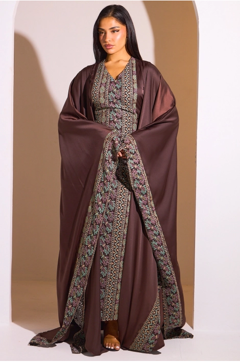 Ensemble 2 pièces : abaya + kimono marron à motif géométrique