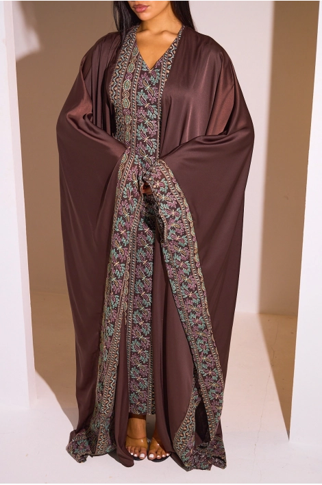 Ensemble 2 pièces : abaya + kimono marron à motif géométrique