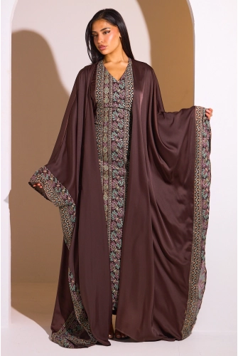 Ensemble 2 pièces : abaya + kimono marron à motif géométrique