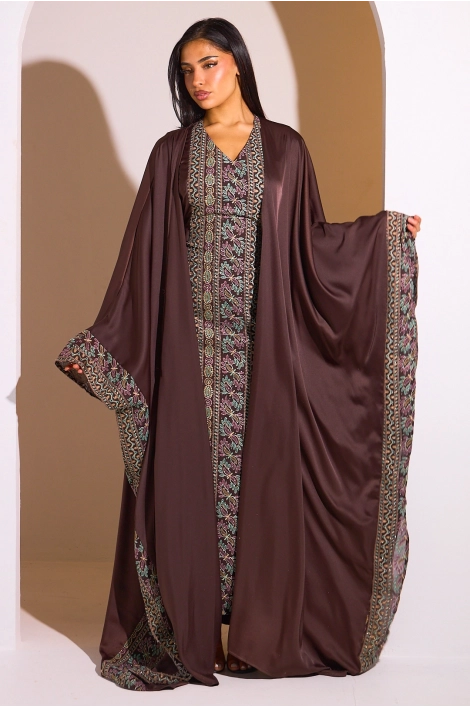 Ensemble 2 pièces : abaya + kimono marron à motif géométrique