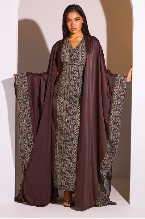 Ensemble 2 pièces : abaya + kimono marron à motif géométrique