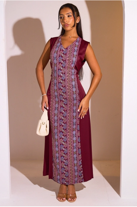 Ensemble 2 pièces : abaya + kimono bordeaux à motif géométrique