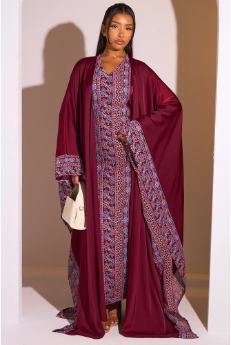 Ensemble 2 pièces : abaya + kimono bordeaux à motif géométrique