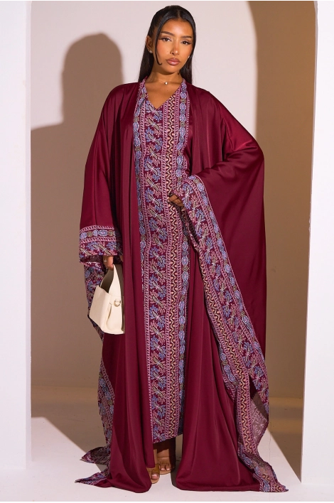 Ensemble 2 pièces : abaya + kimono bordeaux à motif géométrique