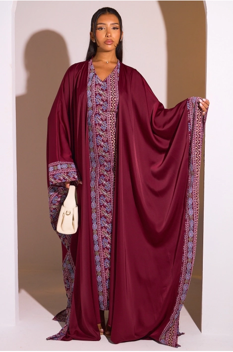 Ensemble 2 pièces : abaya + kimono bordeaux à motif géométrique