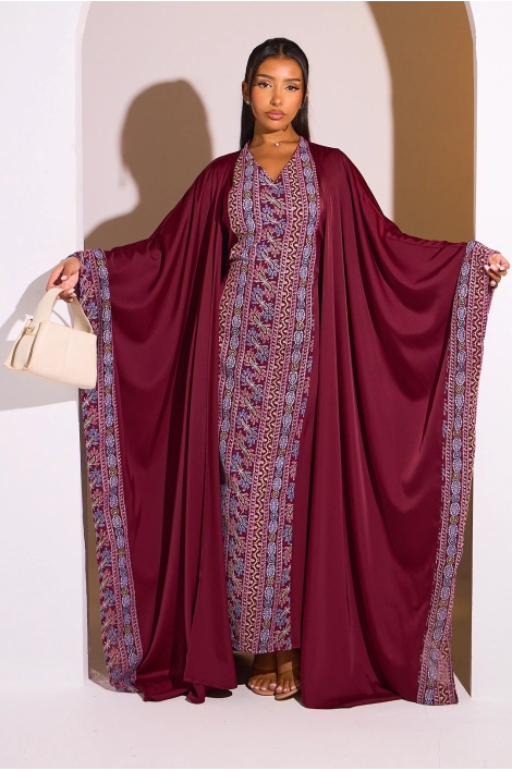 Ensemble 2 pièces : abaya + kimono bordeaux à motif géométrique