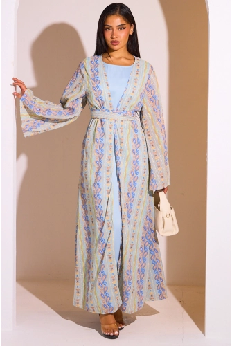 Ensemble 2 pièces : abaya + kimono bleu colorés