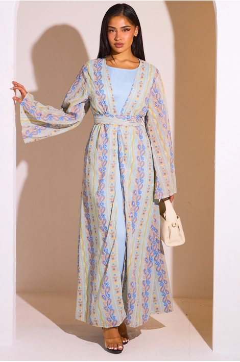 Ensemble 2 pièces : abaya + kimono bleu colorés