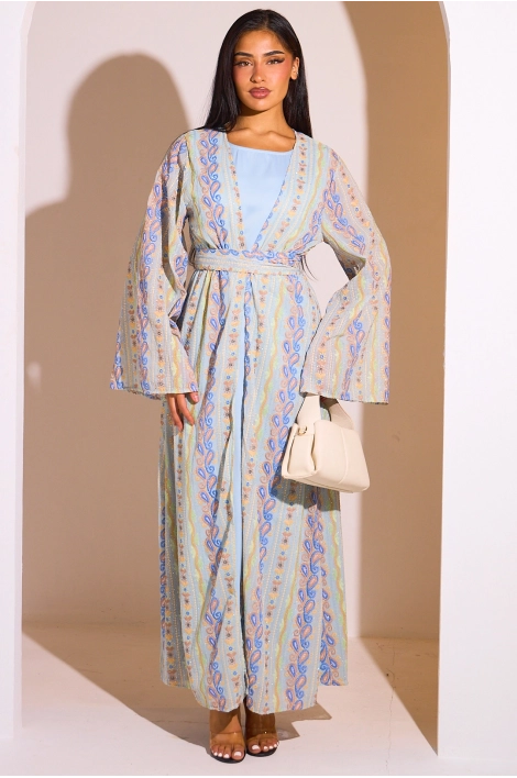 Ensemble 2 pièces : abaya + kimono bleu colorés