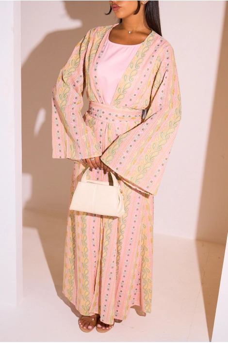 Ensemble 2 pièces : abaya + kimono rose colorés