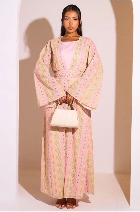 Ensemble 2 pièces : abaya + kimono rose colorés