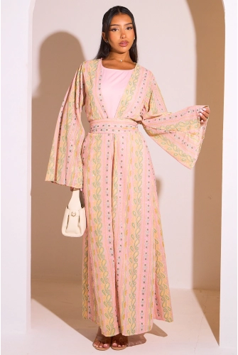 Ensemble 2 pièces : abaya + kimono rose colorés