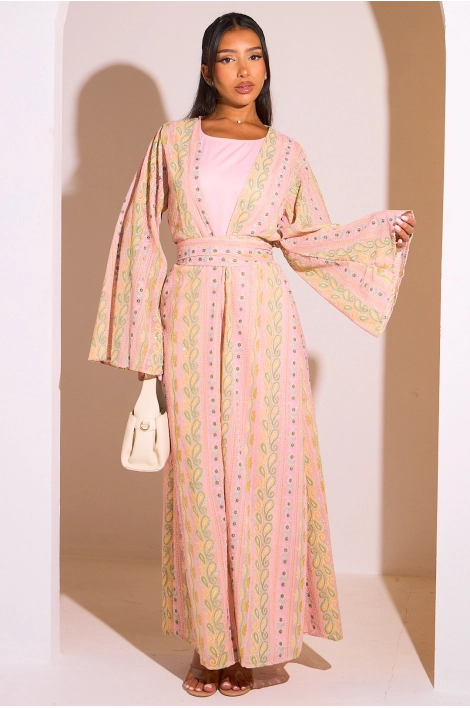 Ensemble 2 pièces : abaya + kimono rose colorés