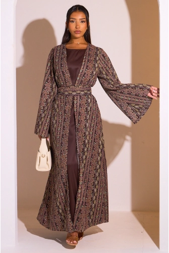 Ensemble 2 pièces : abaya + kimono marron colorés