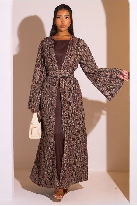 Ensemble 2 pièces : abaya + kimono marron colorés