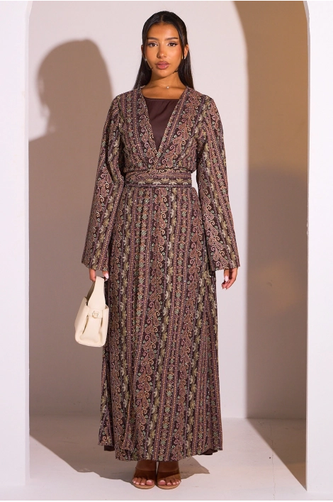 Ensemble 2 pièces : abaya + kimono marron colorés