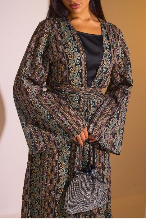 Ensemble 2 pièces : abaya + kimono noir colorés